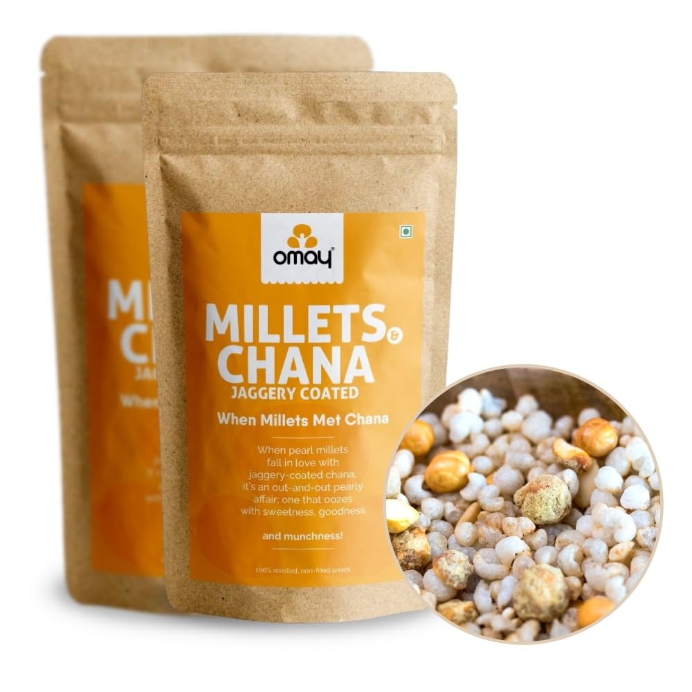 Omay Foods Millets & Jaggery Coated Chana, 200g Pouch (Pack of 2) | Healthy Roasted Snack | 100% Oil-Free | Gur Chana, Bajra | No added Sugar | Ready To Eat | Guilt Free Snack (B07JC85RXH) Amazon Price History, Amazon Price Tracker