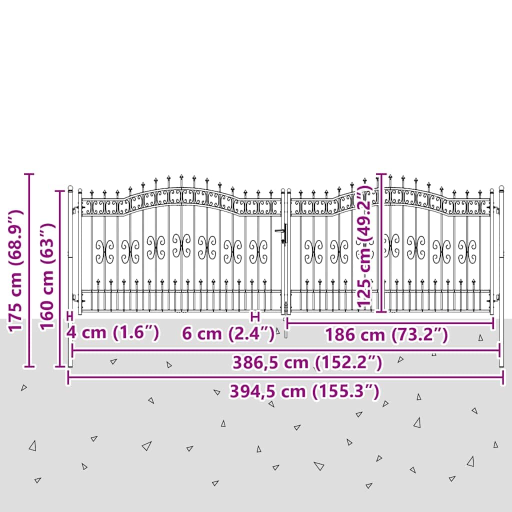 vidaXL Zauntor, Gartentür mit Speerspitze, Gartentor Hoftor mit 3 Schlüsseln, Gartenzaun Gartenpforte, Schwarz Pulverbeschichteter Stahl