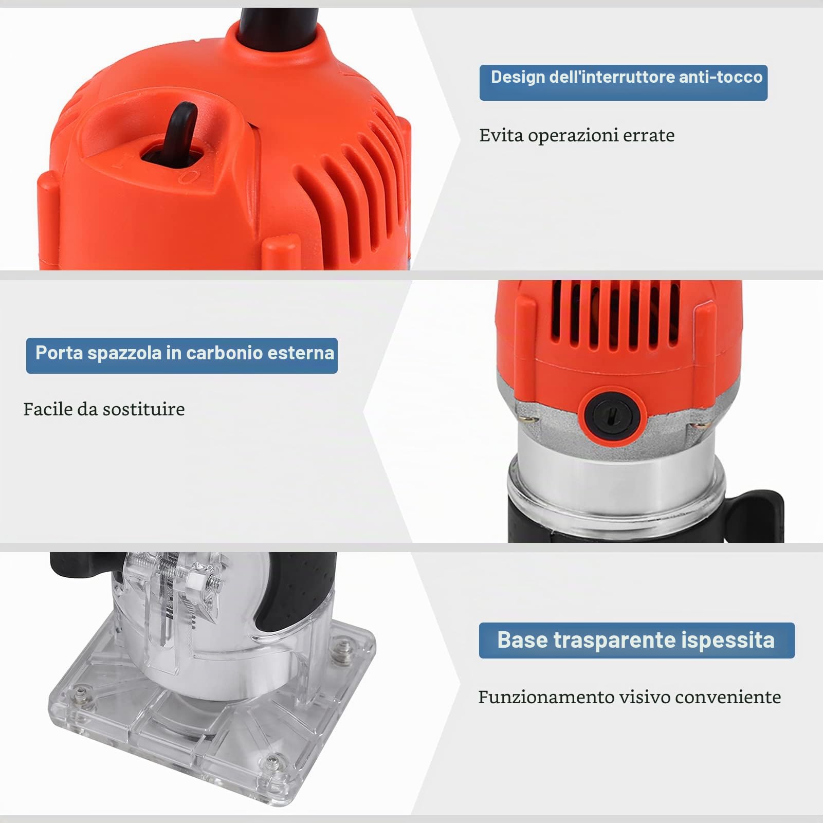 Fresatrice Verticale Elettrica per Legno, 30000 giri/min, Base in Alluminio Trasparente, Rifilatore Trim Router per Lavorazione del Legno