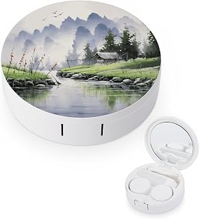 Landscape Painting Contact Lens Case with Cleaner Washer Portable Contact Lens Holder Box with Mirror Tweezers Remover Tool Solution Bottle for Daily Makeup Office