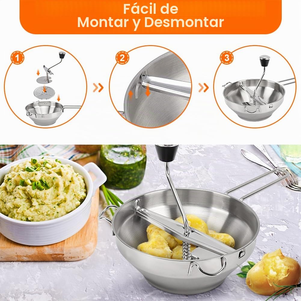 Molinillo de alimentos de acero inoxidable, prensa de patatas con 3 placas de trituración intercambiables, trituradora manual de alimentos, molinillo de cocina para macerar, tamizar frutas