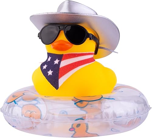 Decoración de tablero de pato de goma para automóvil, adornos de pato amarillo con mini sombrero de vaquero, bufanda, anillo de natación, gafas de