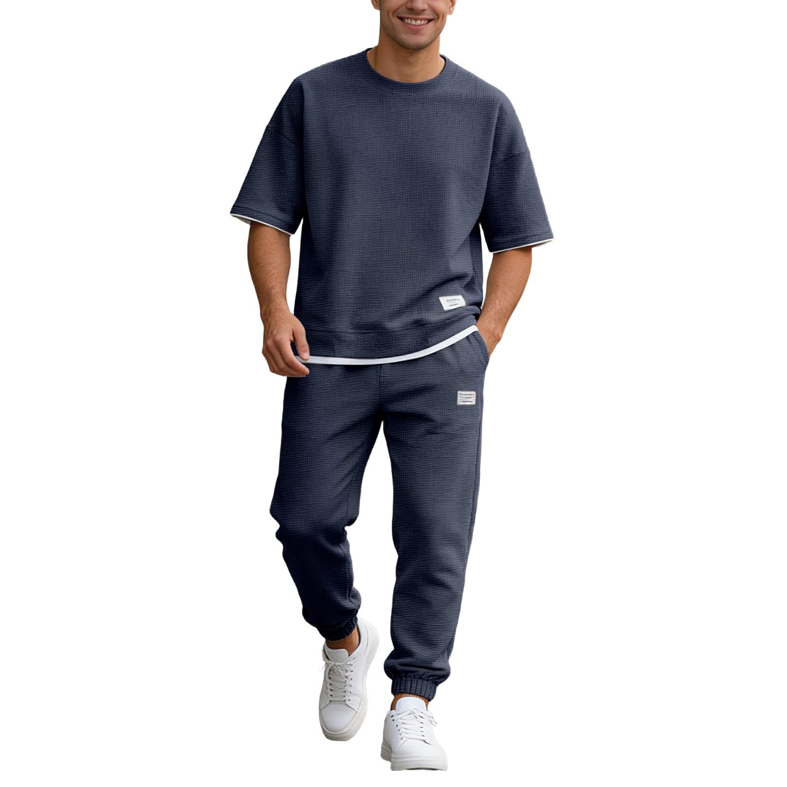Traje Casual Hombre 2 Piezas Camiseta Oversize de Punto Waffle Pantalones Largos Jogger Cómodos Conjunto de Verano para Hombre Moderno