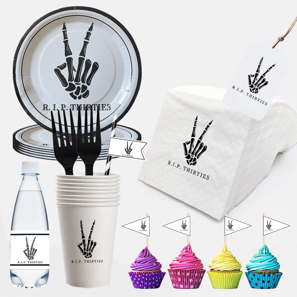 SharkBliss RIP Thirties Party Supplies 240 PCS – Paper Cocktail Napkins Party Cups Water Bottle Labels Toothpick Flags Drinking Straws Gift Tags Forks Plates for Death to My 30s 40th Birthday