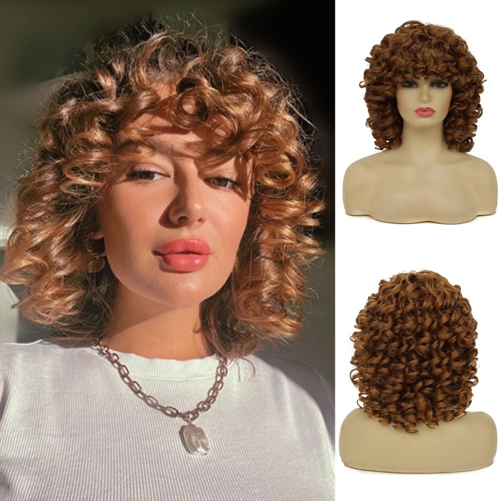Dai Cloud Short Afro Kinky Curly Wigs for Black Women Soft Brown Big Curly Wig with Bangs Afro Loose Cute Curls Natural Looking Synthetic Wigs for African American Women