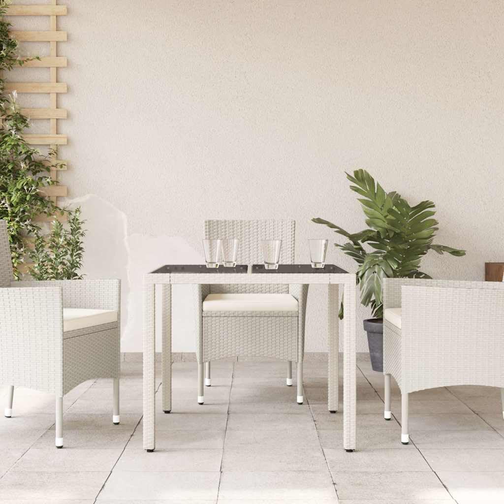 Stół ogrodowy ze szklanym blatem, biały, 90 x 90 x 75 cm, polirattan, odporny na warunki atmosferyczne, stal malowana proszkowo, stół tarasowy, stół balkonowy, meble ogrodowe