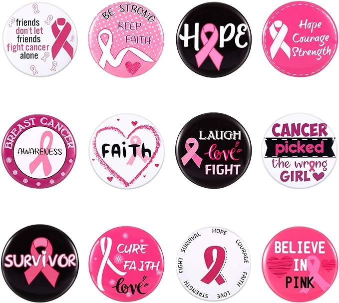 PRINTSHOP4MEPink Breast Cancer Awareness Buttons Badge - Pinback Buttons Brooch Lapel Round Button Pins Decorations for Party Favors - 12 Various Designs