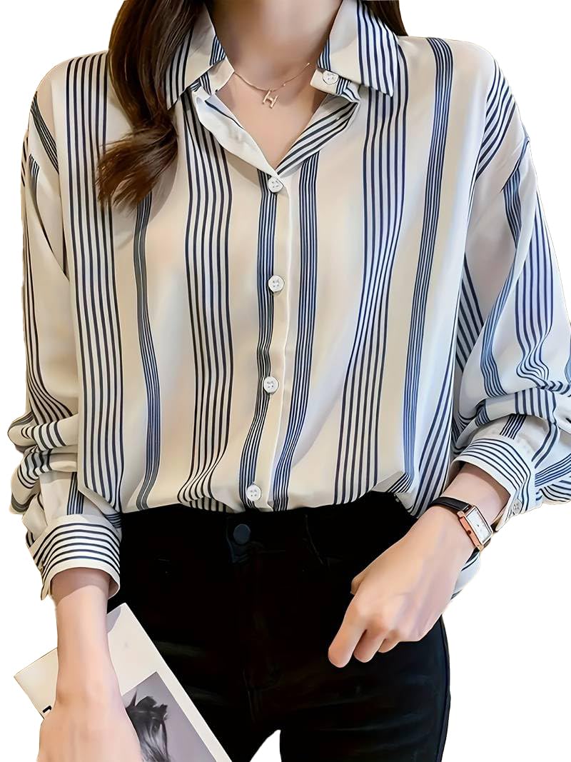Women's V Collared Casual Stylish Long Sleeve Oversized Fit Shirt