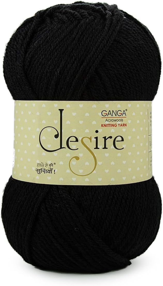 Ganga Acrowools Acrylic Desire Hand Knitting and Crochet Yarn. Pack of 1 Ball - 100Gms. Shade No - Dsr003, Black