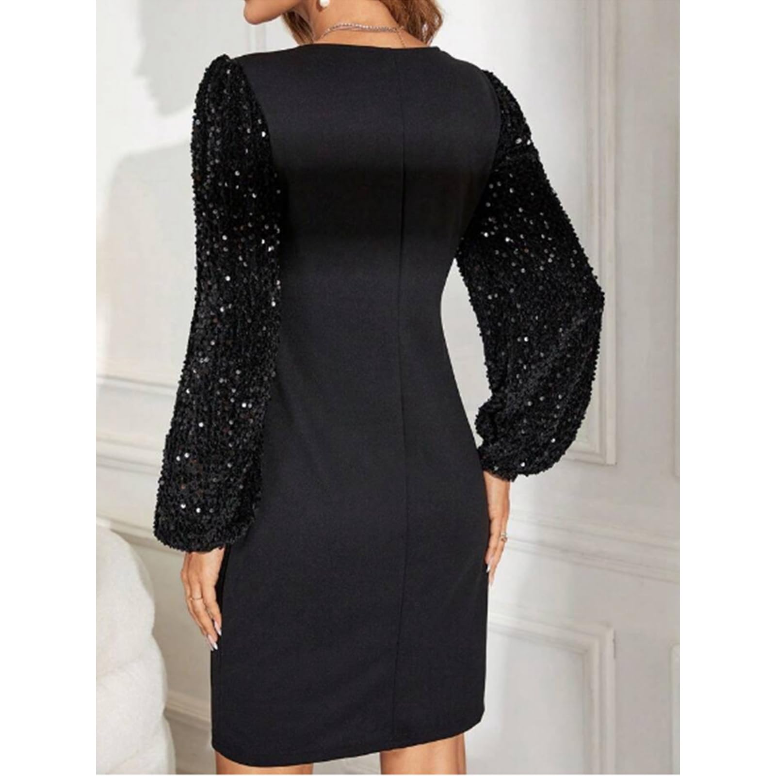 Damska sukienka z cekinami z długim rękawem, mini sukienka wieczorowa, elegancka sukienka z okrągłym dekoltem, czarna sukienka na co dzień, sukienka bodycon, na imprezę, do klubu, na