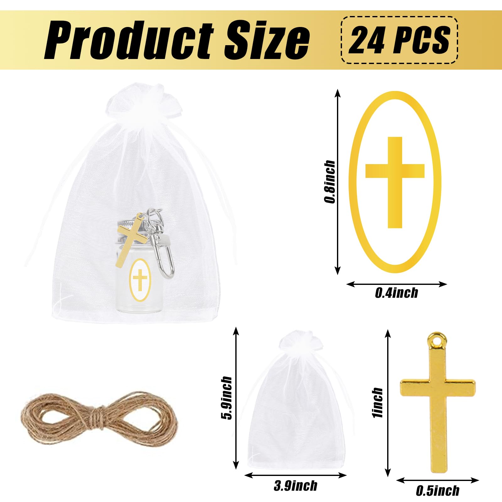 JarThenaAMCS Heilige Flasche, Taufgeschenke mit Organza-Beuteln, Goldkreuz-Aufkleber, 7 ml, leer, Glas, Heiliger Behälter, Wasserflasche für christliche Taufe, Geschenke, Kirche, Hochzeit, Taufe