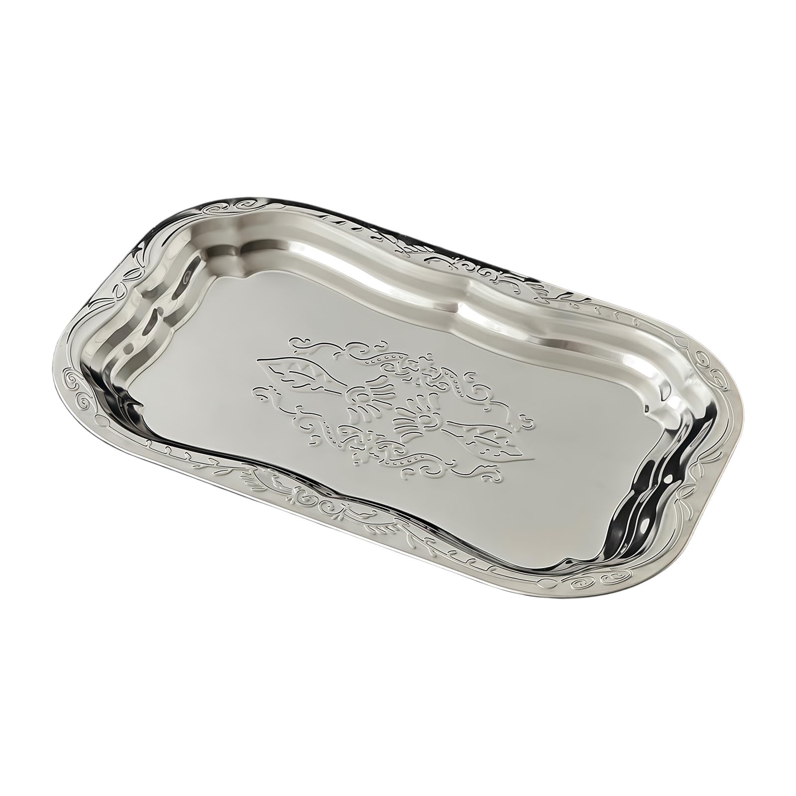 SXRQ Metal Food Tray Stainless Steel Floral Engraved Party Platters for Displaying Fruits Dessert and Cupcakes Wedding Decors Metal Engraved Serving Tray Kitchen Serving