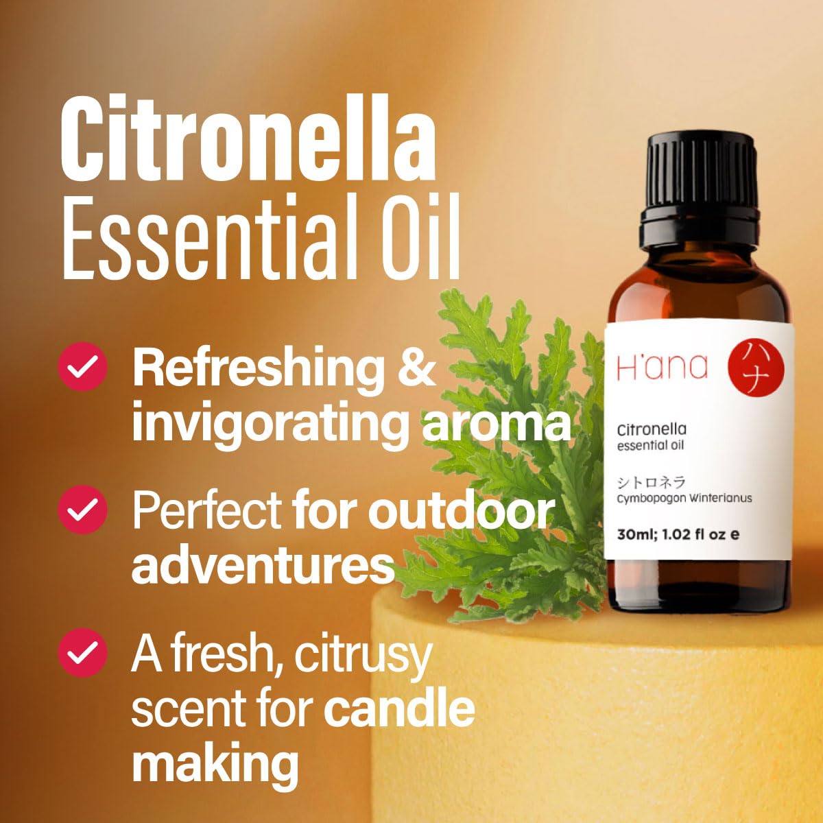 H'ana Citronella Essential Oil - 1.02 Fl Oz - for Hair, Skin, Diffuser, Aromatherapy, DIY Candle & Soap Making