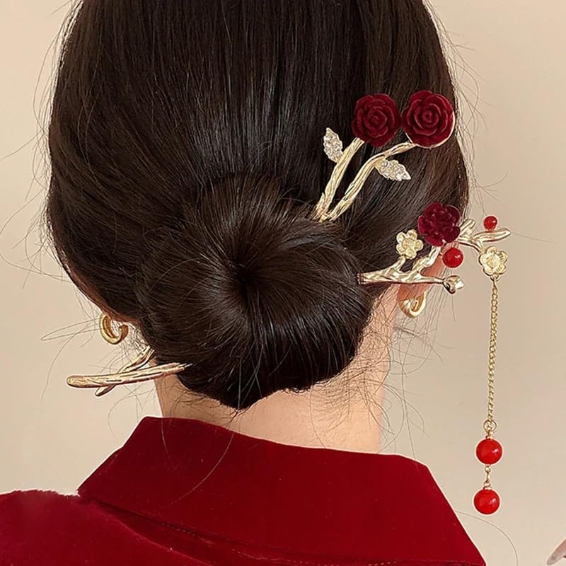 Image of HONEY ACCESSORIES-6pcs Rose Flower Hair stick Chinese Style Flocked Flowers Hair Sticks Metal Leaves Pearl Tassel Hairpin Pendant Hair Accessories for Women Girls