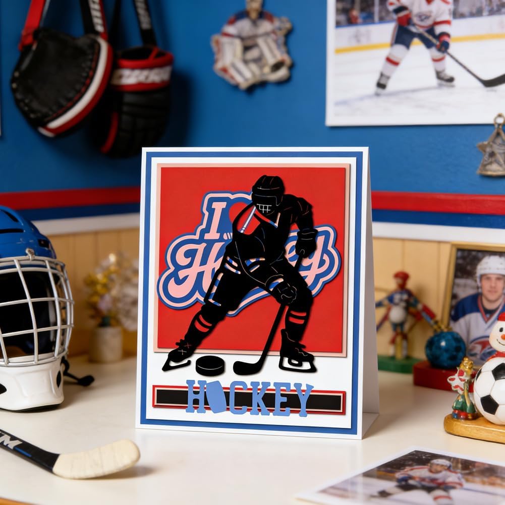 MAYJOYDIY Hockey Player Silhouettes Metal Cutting Dies Sport Hockey Stick Carbon Steel Stencils Stick-and-Puck Embossing Template Dies for DIY Paper Craft Card Making Scrapbooking Album Decor
