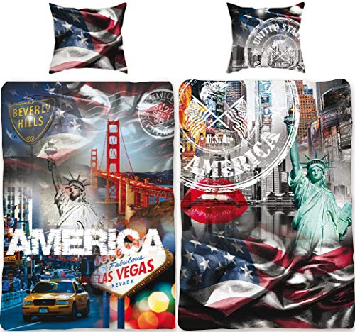 Parure de lit USA Stars and Stripes - 135 x 200 cm + 80 x 80 cm - 100 % coton - Housse de couette bleu blanc rouge New York Taxi Las Vegas San Francisco - 2...