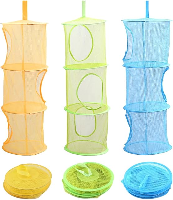 LIVEHITOP 3PC Hanging Mesh Storage Basket Small Toy Box, 3 Tier Collapsible Network Storage Space Save Bags Organizer for Toys, Small Clothes, Christmas Gift (Yellow,Green, Blue)