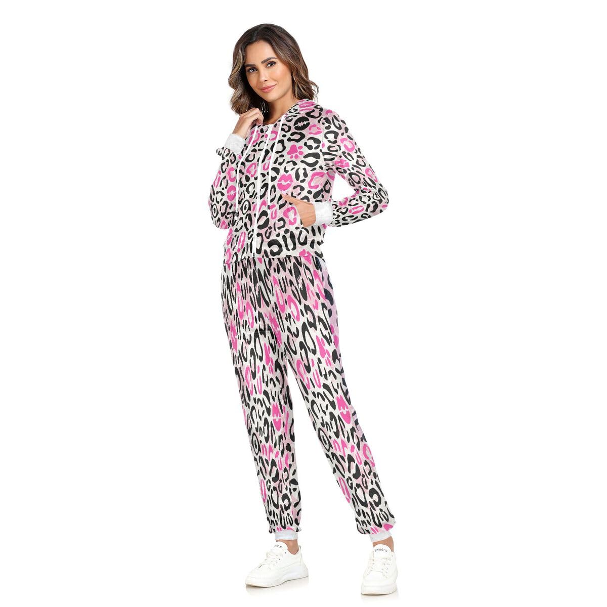 Conjunto deportivo de 2 piezas para mujer, diseño de labios besados, piel de leopardo, conjunto deportivo de manga larga, conjunto deportivo de piel de animal