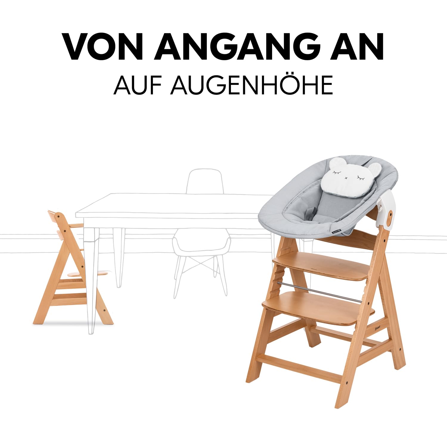 Hauck Alpha Newborn Set PRE Nature Grey Mitwachsender Baby Hochstuhl ab Geburt bis 90 kg Buchenholz