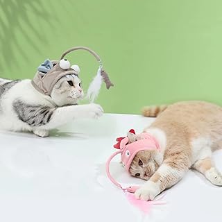 JENPECH Funny Cat Hat - Funny Feather Cat Toy - Cat Wand Toy for Indoor Cats Interactive Cat Hat Toys Kitten Toys with Fishing Pole Feather Cat String Toy Gift for Indoor Outdoor (Pink)