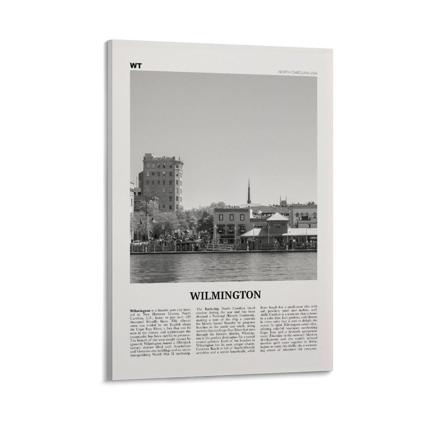LZTEN Wilmington Print, Black And White North Carolina View, Canvas Wall Art