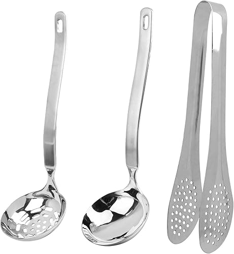 Juego de colador de sopa de olla caliente, cuchara ranurada de acero inoxidable y cucharón de sopa, cucharón de salsa con pinzas para alimentos para
