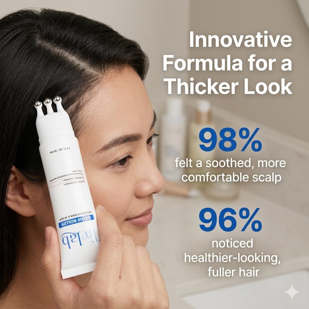 Hair Growth Roller Serum, Triple-Ball Metal Applicator, Peptide Scalp Serum for Men & Women, Cooling Roll-On for Thinning Hair, Hair Density Support, 1.8 Fl Oz/ 50ml