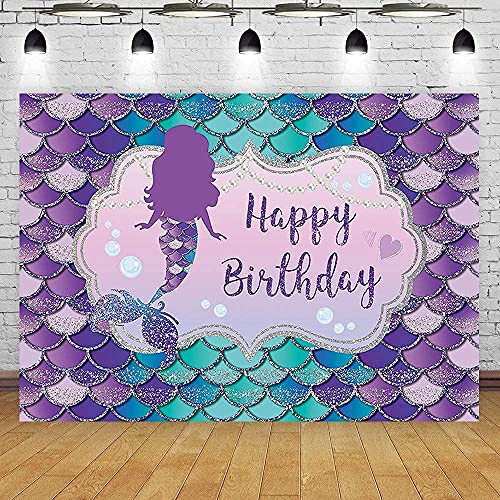 Maijoeyy 7x5ft Mermaid Backdrop for Girl Birthday Party Under The Sea Mermaid Birthday Backdrop Blue Purple Scales Mermaid Birthday Party Decoration Mermaid Party Photography Backdrop