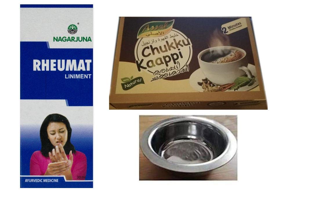 Nagarjuna Rheumat Liniment 30ml Pain Killer; With Free Assal Instant Ginger Coffee Powder 100 gm & With Nimita Brand Stainless Steel Oil Bowl (Width:8cm; Height: 3cm)