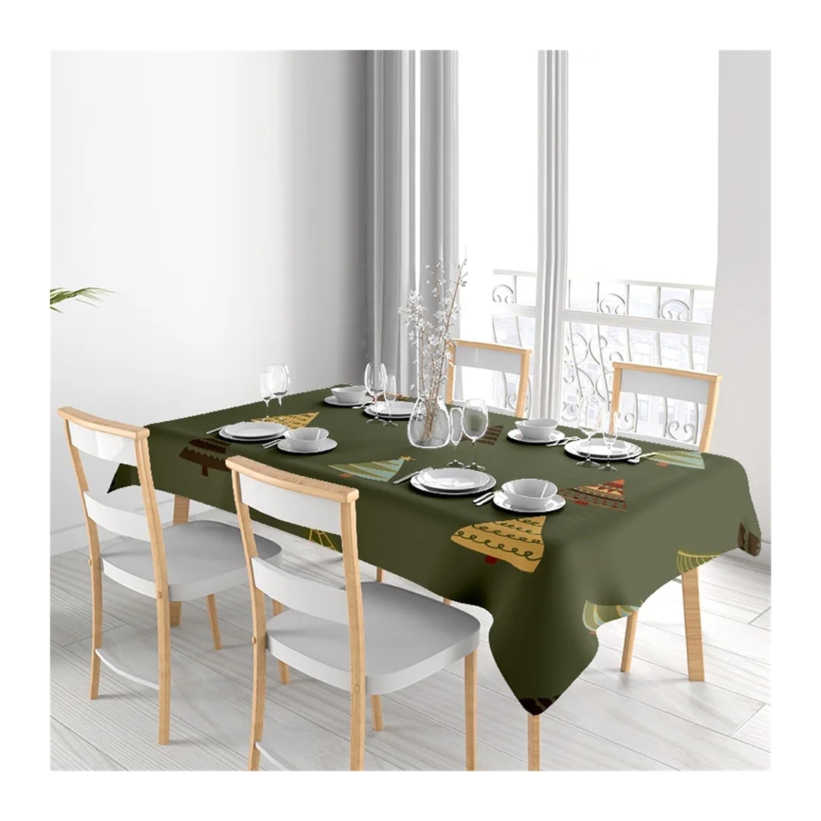 Mantel de Navidad Rustic Green Tablecloth with Tribal Patterns Perfect For Your Dining Room Decor(140X180CM)