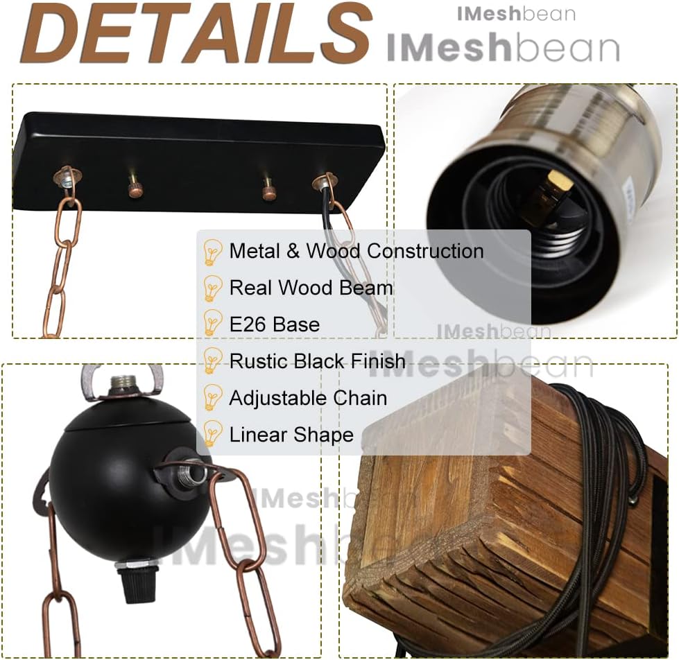 Wood Beam Chandelier 8 Lights Wooden Retro Rustic Pendant Light Industrial Chandelier Wood Ceiling Light Fixture for Dining Table Kitchen Island Bar Billiard Pool Table