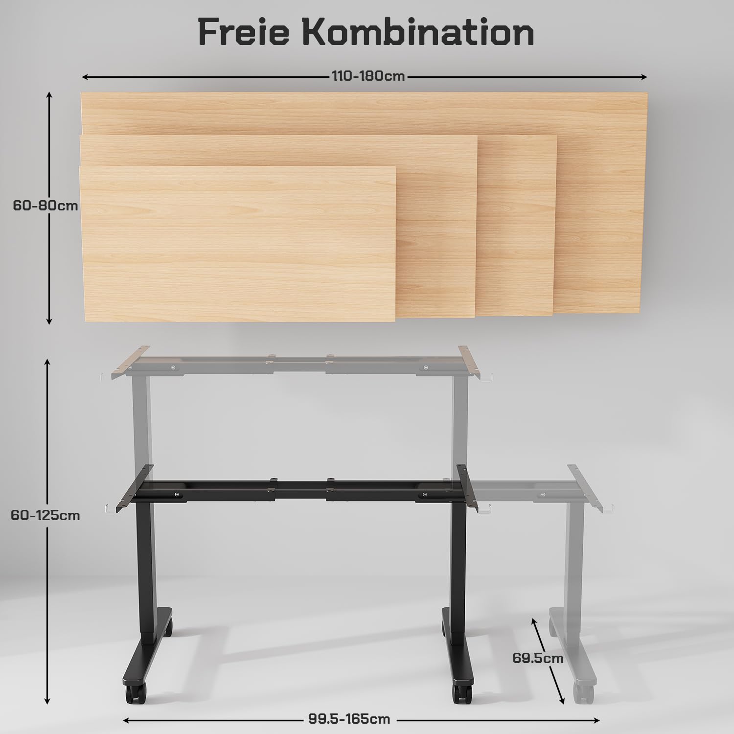 JUMMICO Höhenverstellbarer Schreibtisch Tischgestell mit 3-Stufen-Teleskop, Tragfähig bis 100KG, Höhenverstellbarer Tisch Gestell (60-125cm) mit Memory-Steuerung, Sitzen-Erinnerung & Timer, Schwarz