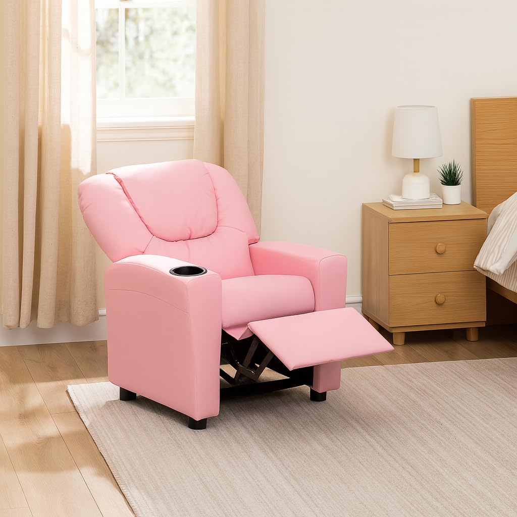 Naomi Home Suri Kids Recliner Chair with Cup Holder & Footrest, Pink Faux Leather - Cozy Lounge for Toddlers & Children