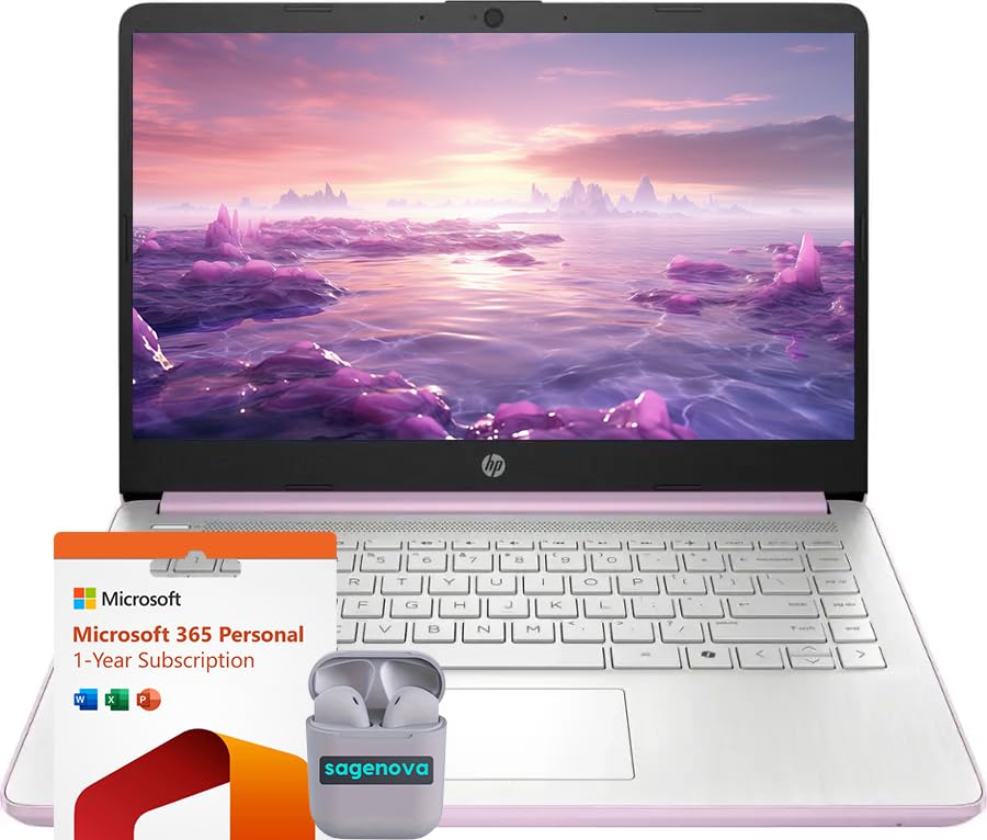 Image of HP 14 inch Business Laptop Computer with Microsoft Office 365, 4-Core Intel Processor, 128GB Storage, 4GB RAM, Windows 11, SageNova Earphones, Honey Lavender