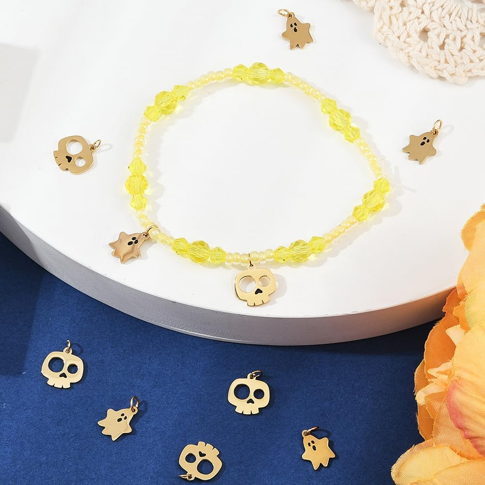 Beebeecraft 1 Box 10Pcs Enamel Halloween Charms Real 14K Gold Plated Stainless Steel Metal Holiday Ghost Skull Dangle Pendants Charm with Jump Ring for Jewelry Making Earrings DIY Craft Accessories