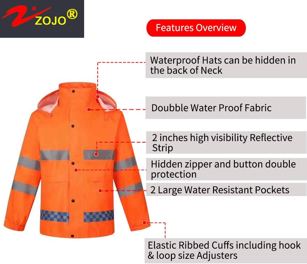 zojo High Visibility Safety Rain suit, Jacket, Pants High Visibility Reflective Rain Coats (Orange-3XL) - Image 2