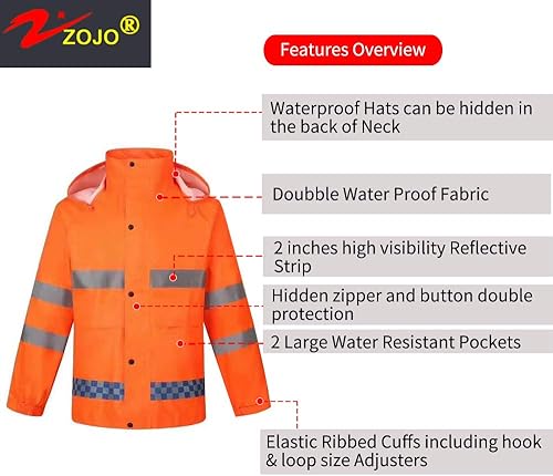 Miniatura 5 de ZOJO Traje de lluvia de seguridad de alta visibilidad, chaqueta, pantalones abrigos de lluvia reflectantes de alta visibilidad, Amarillo-XXL
