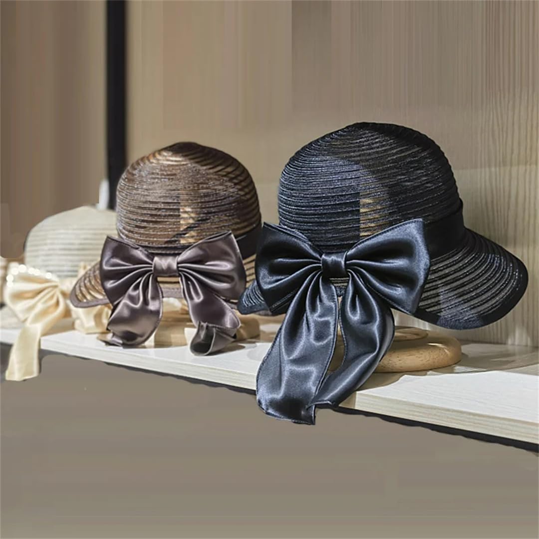 Yeuyyben Elegante cappello estivo con fiocco con fiocco a tesa larga per donna cappello da spiaggia da chiesa