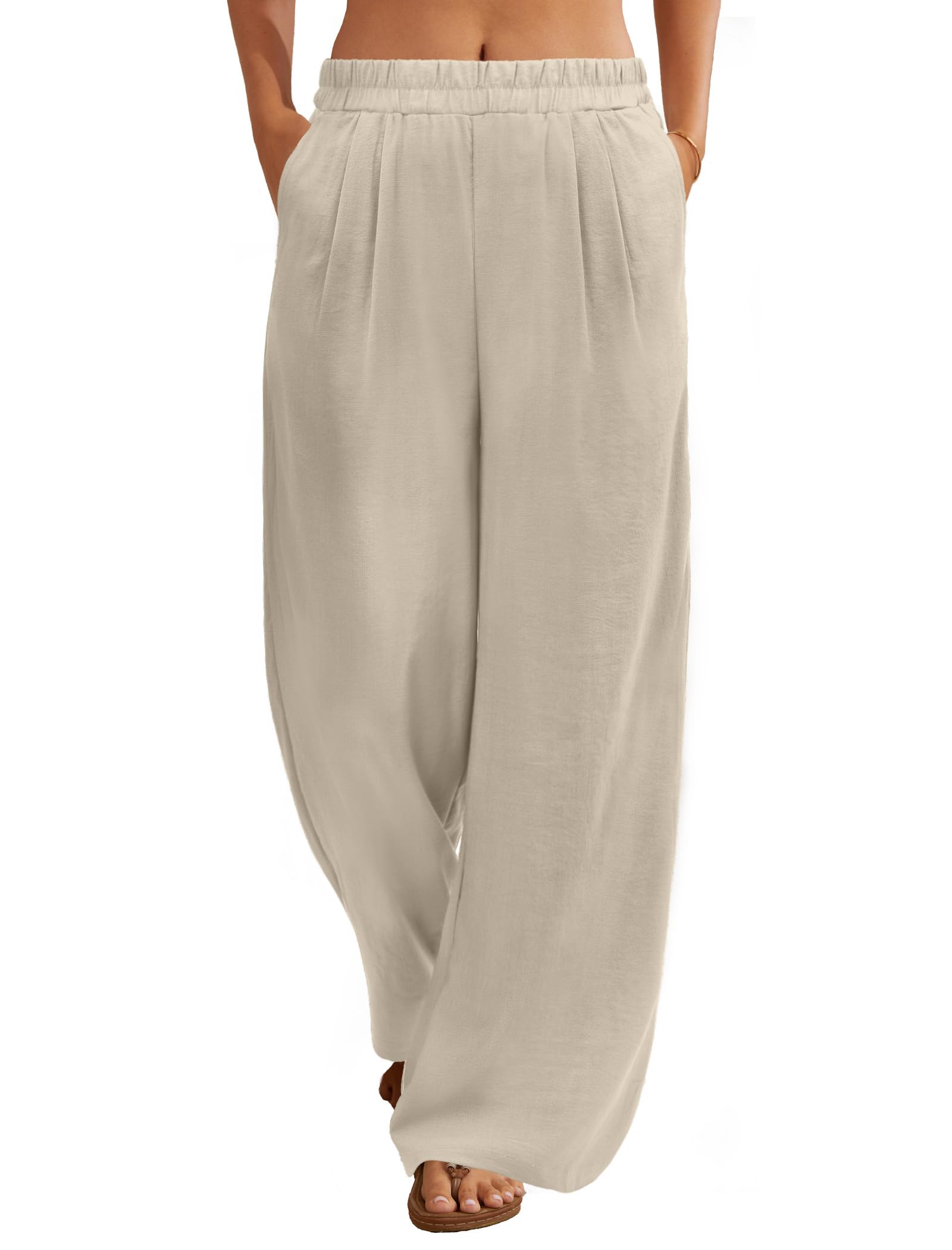 FireSwan Linen Pants Women Wide Leg Palazzo Pants Flowy Elastic Waist Summer Beach Casual Trousers with Pockets