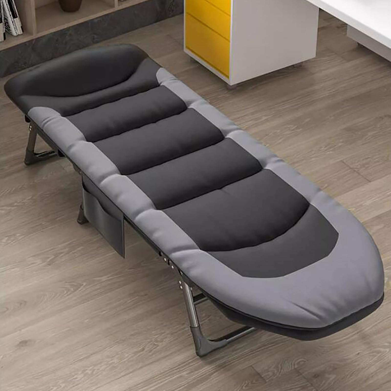 Lettino da campeggio pieghevole, pieghevole con materasso e tasca laterale, regolabile in 5 posizioni, letto pieghevole per campeggio, viaggi, spiaggia, giardino, esterni e interni (nero)
