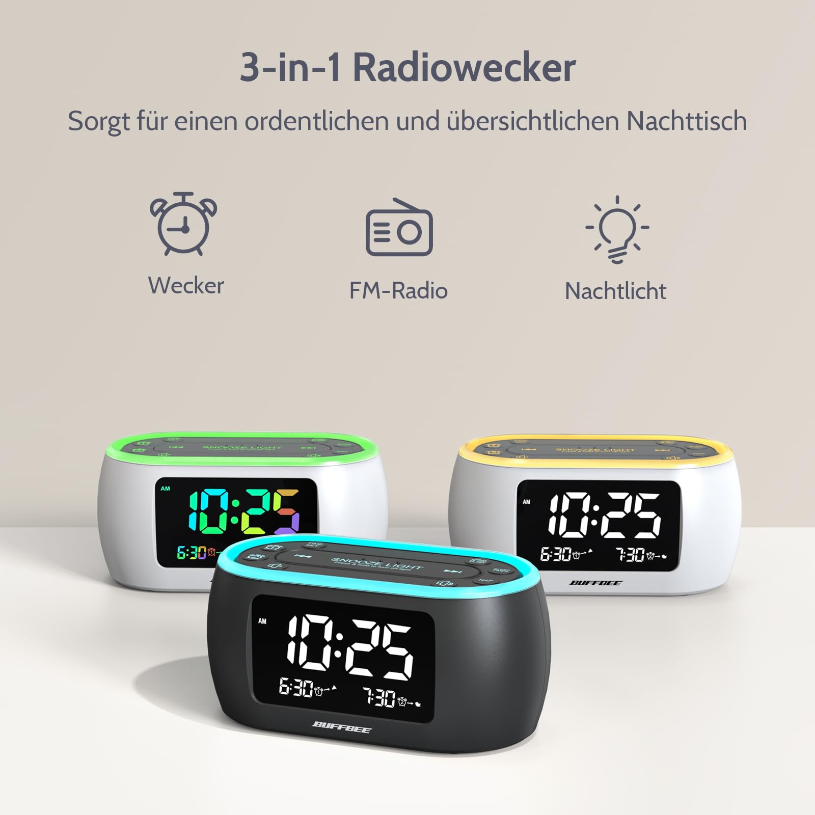 BUFFBEE Radiowecker mit Dualalarm und FM Radio, Digitaler Wecker mit 7 Farben Nachtlicht und 0-100% dimmbarem Display, 3 Wecktöne, für Schlafzimmer und Nachttisch
