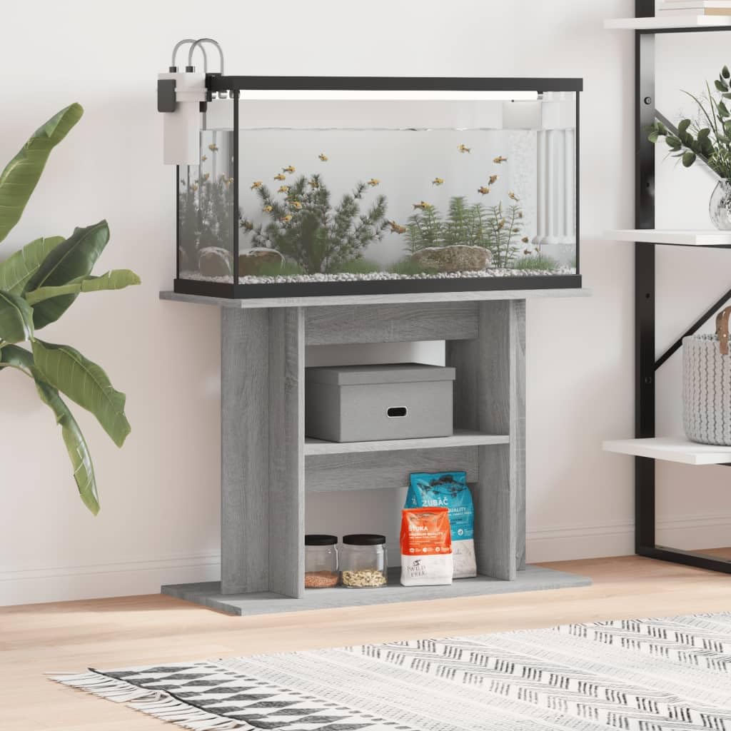Gecheer Aquarium Stand Fish Tank Cabinet Side Cabinet with Display Shelves for Home Living Room Grey Sonoma 80x35x60 cm Engineered Wood