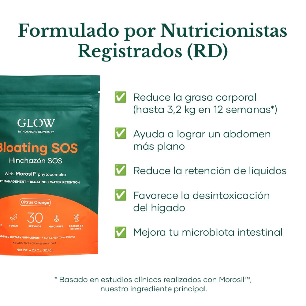 Glow Bloating SOS, Alivio de Hinchazón para Mujeres con Morosil y Enzimas Digestivas, para Retención de Líquidos, Apoyo al Metabolismo, Salud Intestinal y Sistema Inmunológico, Sin Hormonas | Alivio de la hinchazón para mujeres, apoyo al metabolismo, enzi
