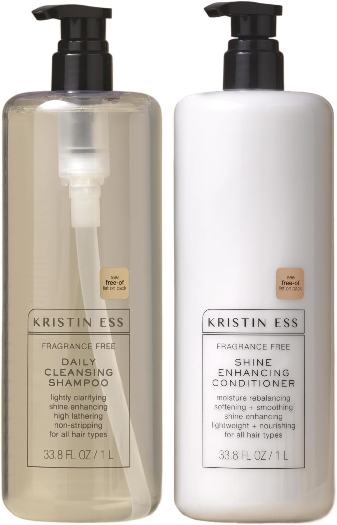 Kristin Ess Hair Fragrance Free Shampoo and Conditioner 1 Liter Set for Sensitive Skin and Scalp - Sulfate Free and Color Safe Shampoo and Conditioner - Hydrating + Moisturizing - Vegan + Cruelty Free