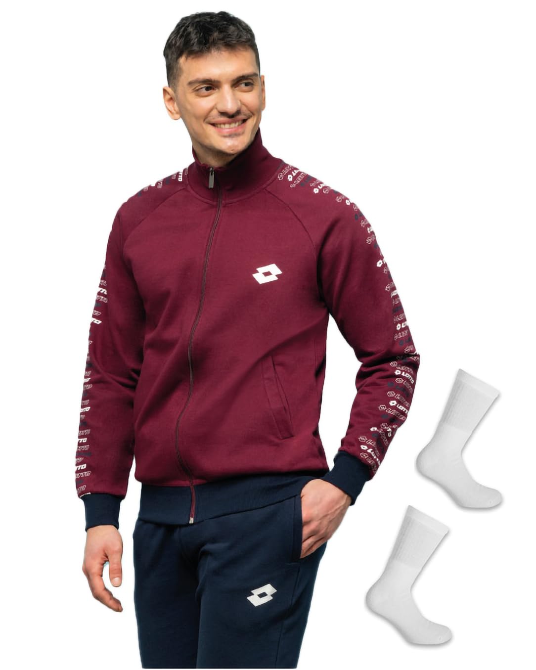 Lotto Tuta FELPATA Uomo + Calze Tennis Omaggio - Tuta Sportiva Autunno Inverno con ZIP Intera Cotone Felpato (IT, Testo, XL, Regular, Regular, BORDEAUX 2018)