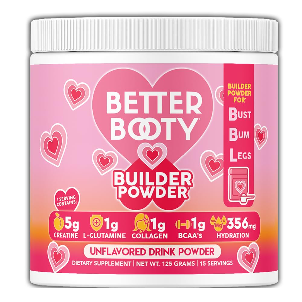 Better Booty Women's Creatine Monohydrate Powder Glute Builder, 5g Vegan Creatina w. Collagen, Glutamine, BCAAs & Hydration Blend for Recovery, Energy, Drink Mix, Unflavored (125g, 1-Pack)