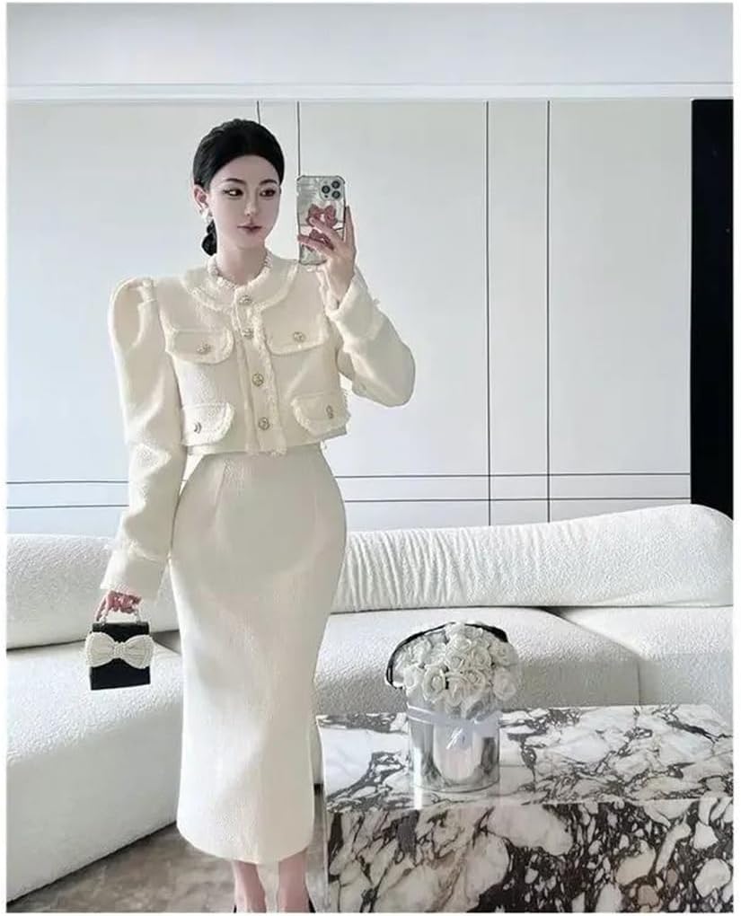Women Stand Neck Tweed Short Coat Long Sleeve Korean Outwear Tops 2-Piece Set Skirts