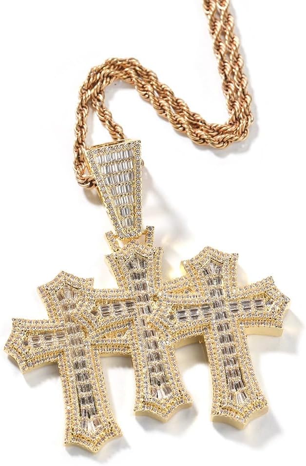 LuxeFlex Iced Out Baguette Diamond Cross Pendant, 14K Gold Plated Religious Three Stacked up Gothic Cross Necklace, Hip-Hop Jewelry for Men Women