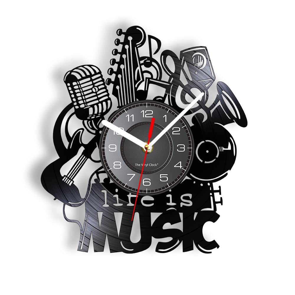 Smotly Vinyl Wall Clock, Musical Instrument with LED Night Light Function, Wall Clock Gift for Music Lover Home Decor. (Black)