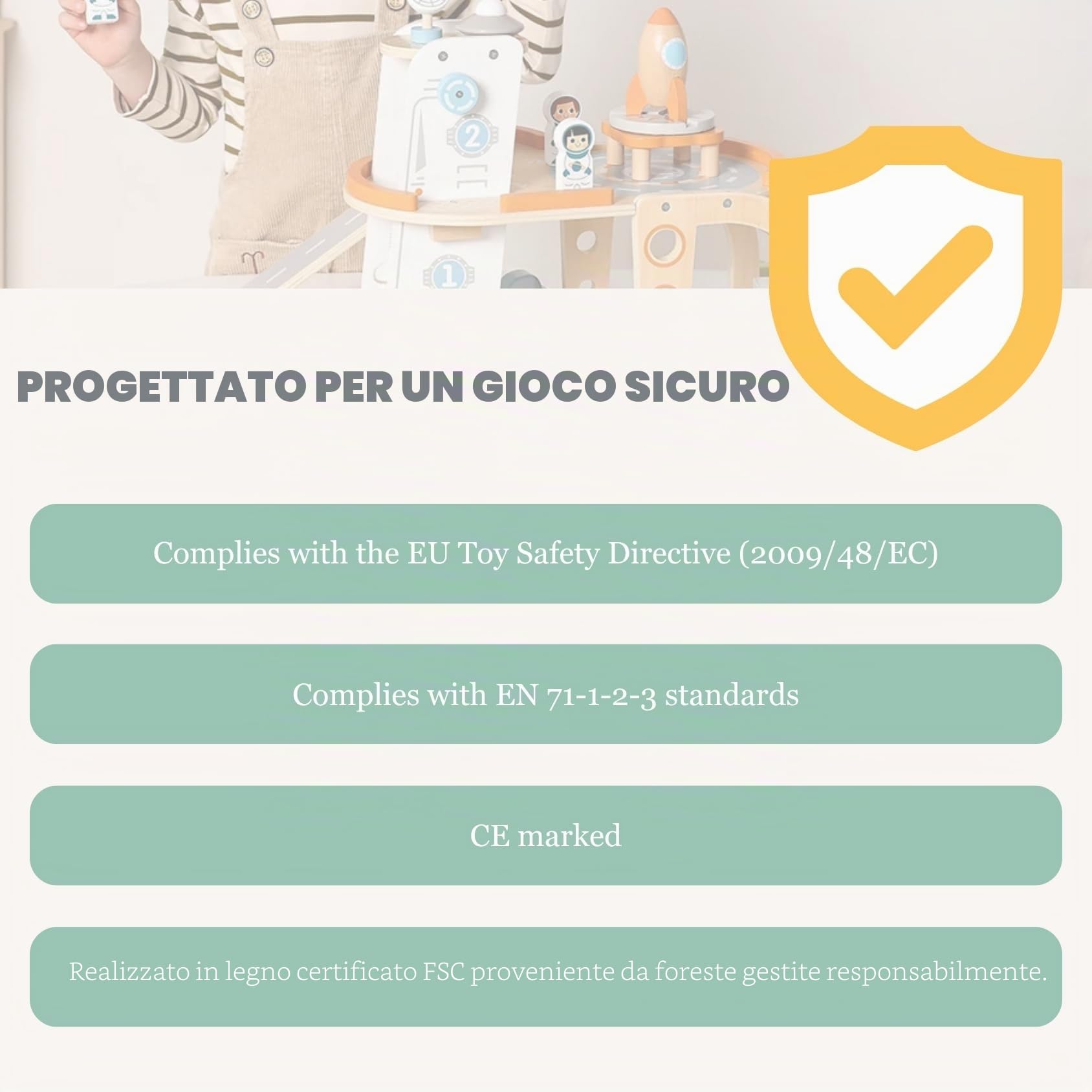 Tooky Toy Garage Giocattolo Bambini Spazio in Legno FSC con Razzo, Astronauti e Veicoli, Parcheggio Multilivello Montessori Educativo, Gioco di Ruolo, da 3 Anni - 14 Pezzi